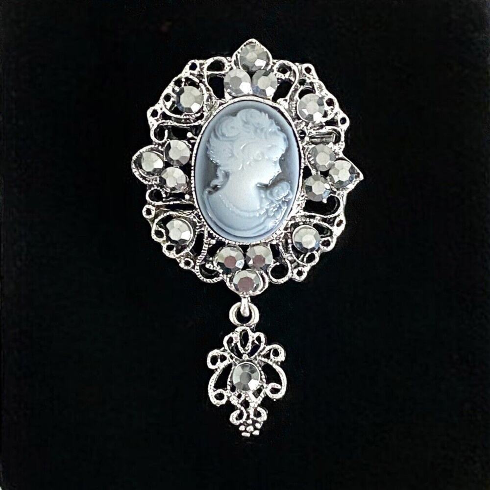 Victorian-style Brooch Faux CAMEO MARCASITE Pin BLUE SILVER BLACK Goth Vampire